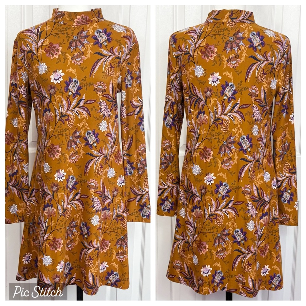 Mudd Brown Multi Paisley Print Soft Knit Mockneck Mini Swing Dress